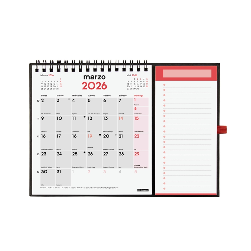 Calendario 2026 Finocam con espacio para escribir e imán XS